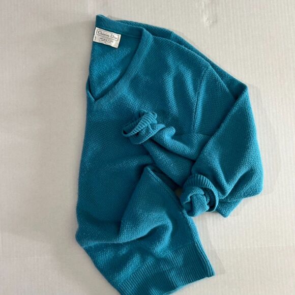 Dior Sweaters - VTG Christian Dior Turquoise, V Neck Knit Sweater, sz L, Quiet Luxury, Academia